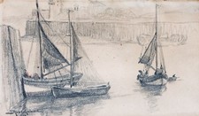 RENÉ AUBERT - PORT BRETON - MINE DE PLOMB, PASTEL SIGNÉ & DATÉ EN BAS À GAUCHE