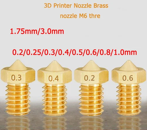 3D Printer Nozzle 0.1mm-1.0mm Brass V5 V6 nozzle M6 thread 1.75mm/3.0mm Filament