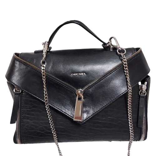 Diesel DIESEL Leather Chain Shoulder Bag Zip Design Black Diesel DIESEL Leather Chain Shoulder Bag Zip Design Black