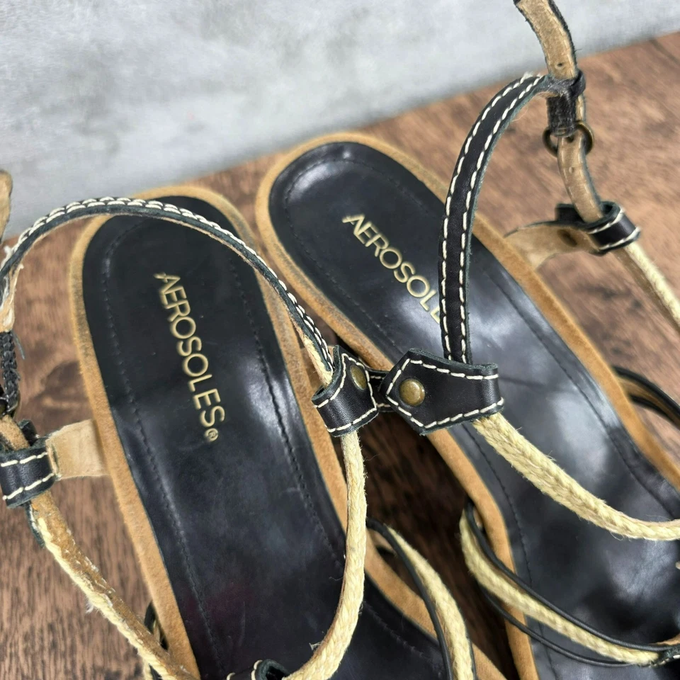 Aerosoles Swish Bone Strappy Wedge Sandals 11 Black Leather Natural Jute Comfort - Image 3 of 4