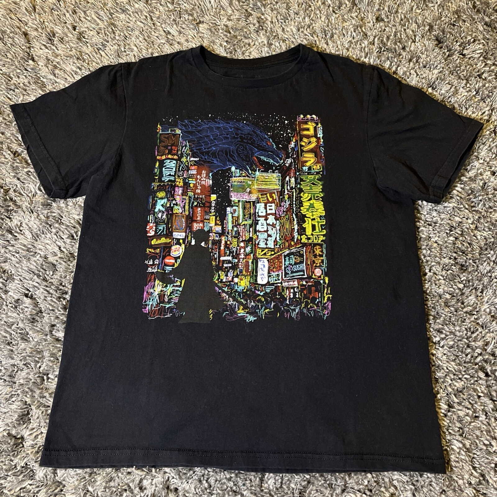 Threadless Kaiju Godzilla Graphic Tee Medium Neon Anime City Kooky EUC