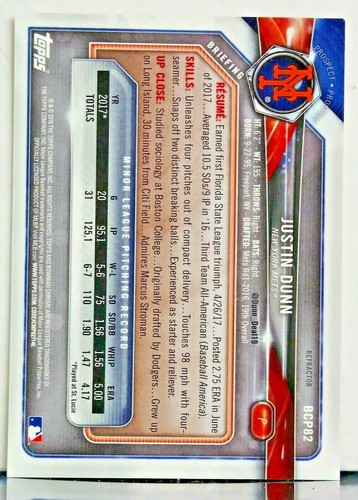 2018 BOWMAN CHROME JUSTIN DUNN REFRACTOR /499 - Picture 2 of 2