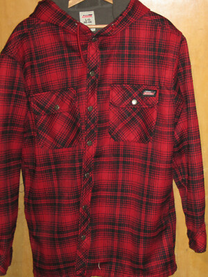 DICKIES PLAID FLANNEL HOODIE HOODED SNAP UP LINED JACKET Mens Size Large  Red