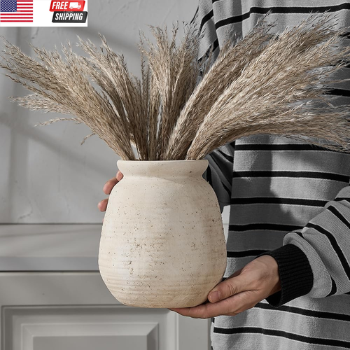 Ceramic Rustic Farmhouse Vase | 7.3 Inch Pottery Decorative Flower for Home Deco - Picture 3 of 7