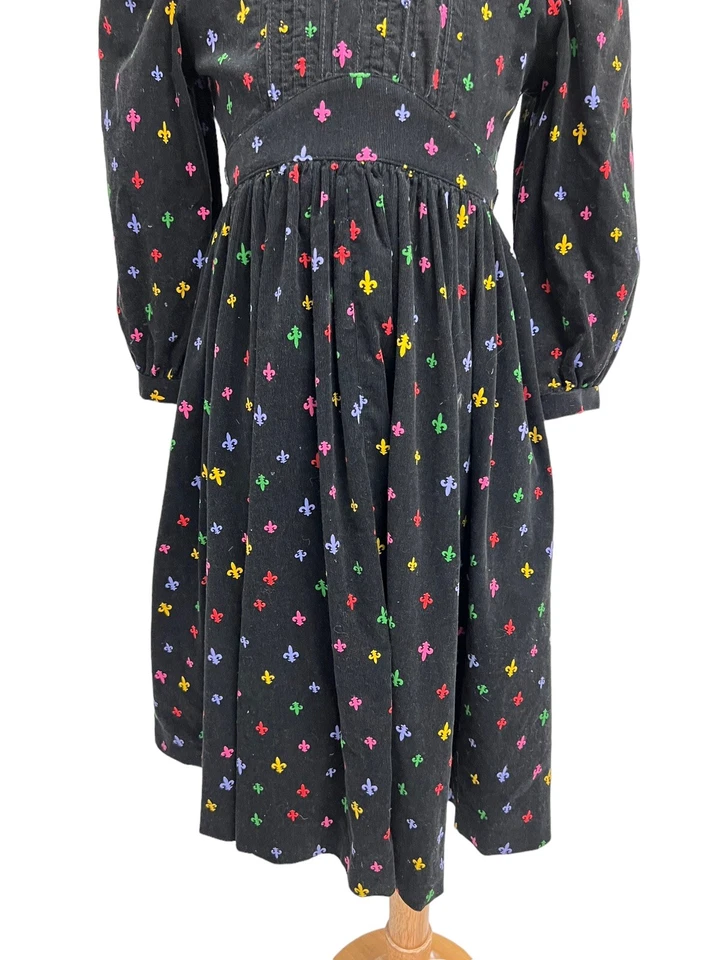 Vestido de pana vintage plumas de ratón negro multicolor estampado de lanza talla 6X Foto 2 de 4