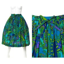 Vintage 1960s Skirt 60s Hawaiian Floral Psychedelic Cotton Green Full Swing