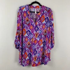 Dear Scarlett Lizzy Blouse Size 2X Tunic Stretch Split Neck Purple Multicolor