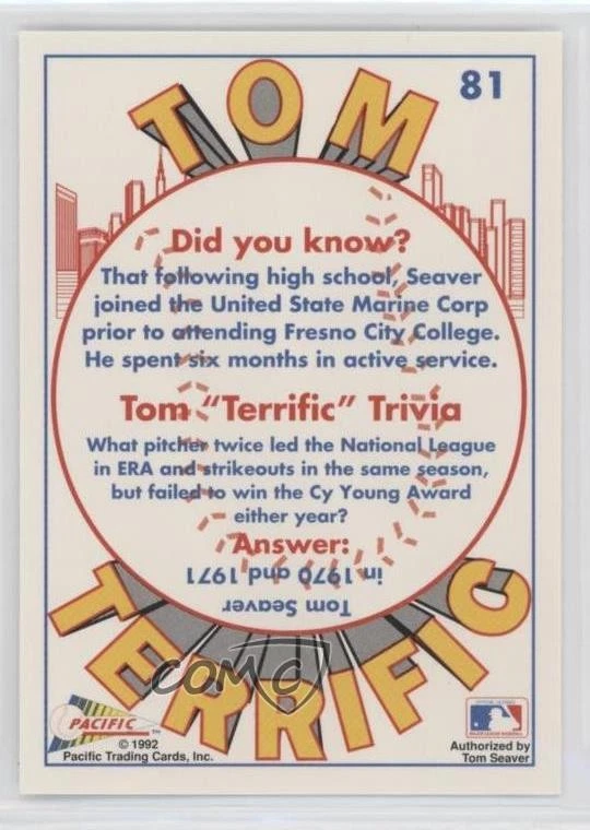 1992 Pacific Terrific Tom Seaver 300th Game Win Celebration #81 HOF - Image 2 of 2