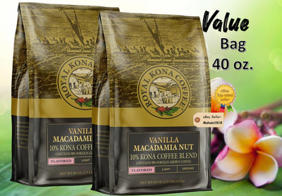  Two 40 oz. Royal Kona Coffee VANILLA MACADAMIA NUT10% Kona Blend FRESH Ground