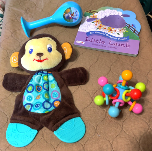 Lot of Baby Items, Book (Little Lamb), Teethers (Atom, Bright Start) Rattler (DD