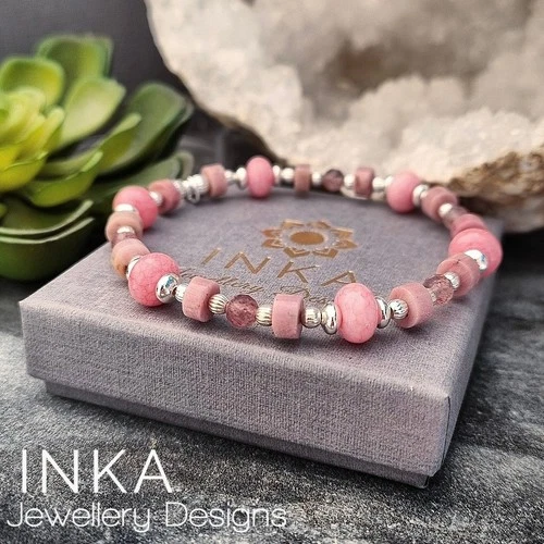 925 Sterling Silver Rhodonite Angelite & Sunstone Stacking Bracelet by INKA