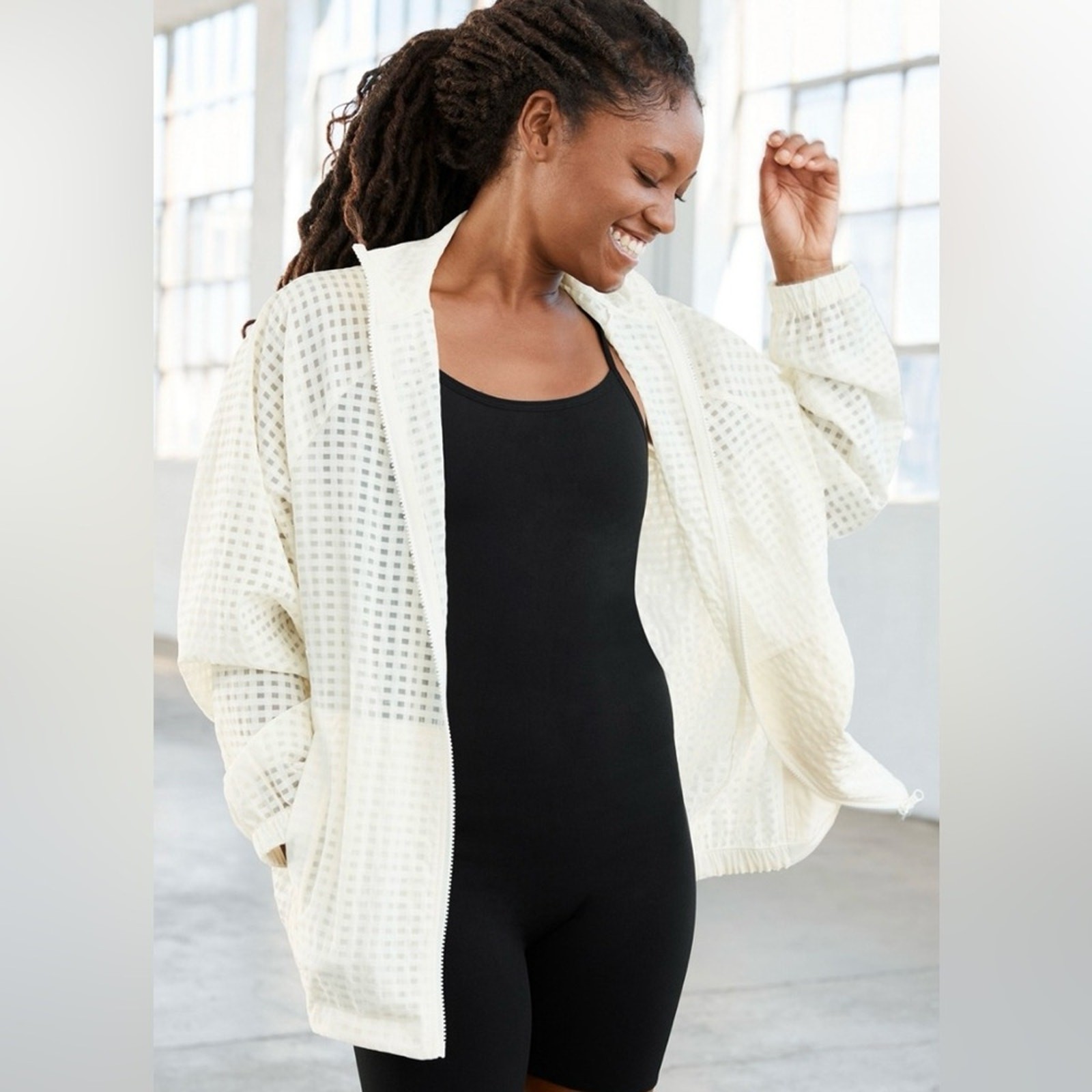 Fabletics bomber jacket sheer grid pattern. Size … - image 2
