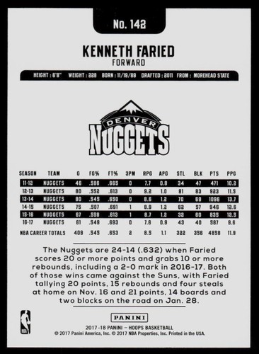 2017-18 Hoops #142 Kenneth Faried Denver Nuggets - Picture 2 of 2