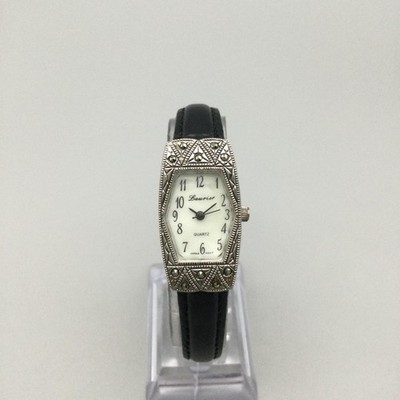 Laurier Womens Watch 18mm Silver Tone Marcasite Black Leather Band