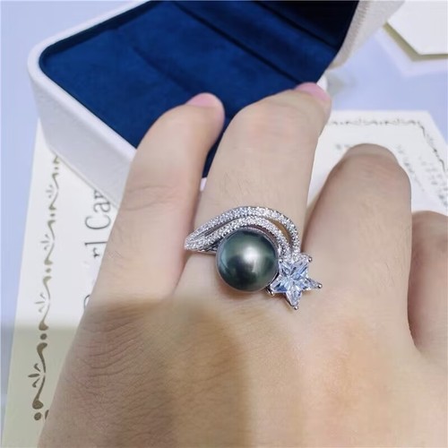 Elegante anillo de perlas verdes negras redondas tahitianas 925s (sp) 9-10 mm - Imagen 2 de 3