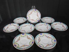 Royal Worcester Puritan Saucers Multi-Floral Swags Turquoise Yellow Antic ~1915+