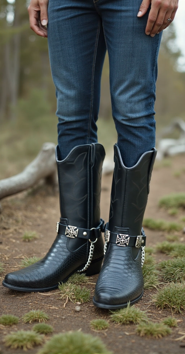 Men Chain Black Color Bands Western Boots 2 Straps Cross