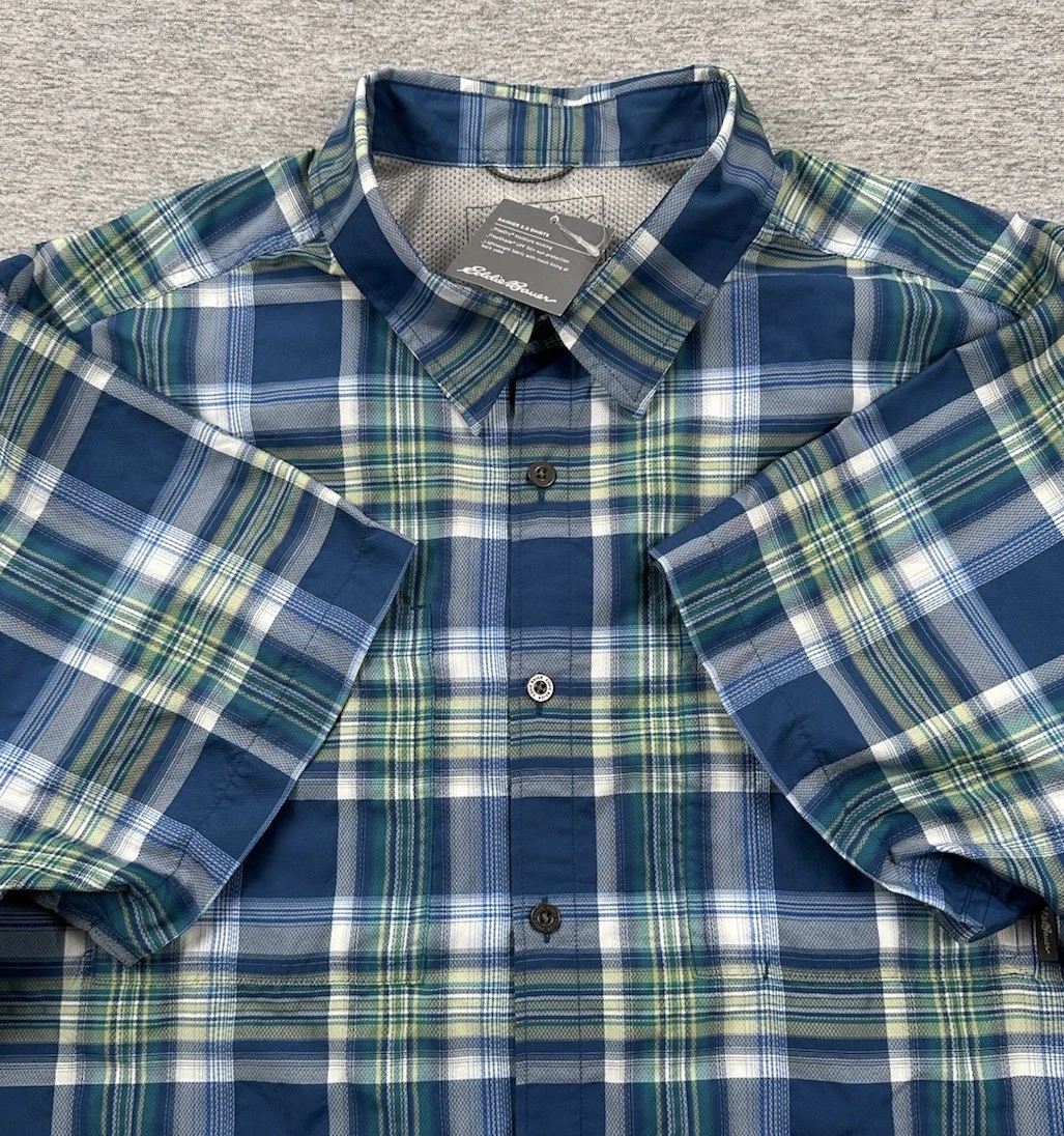 Eddie Bauer Shirt Mens XXL Blue Plaid Rainier 2.0 Cadet Lightweight Outdoor NEW