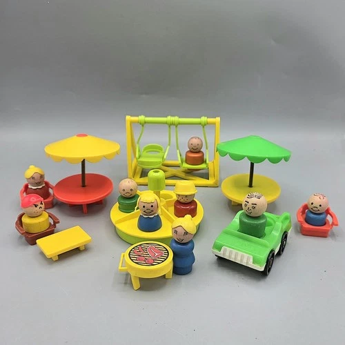 Vtg Fisher Price Little People Figures Swingset, Merry Go Round, Tables & Chairs