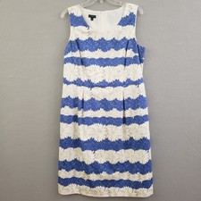 Talbots 12 Sheath Dress Blue White Floral Striped Sleeveless Coastal Retro Mod