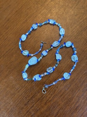Handcrafted Blue Beaded Necklace 24  Long End To End 