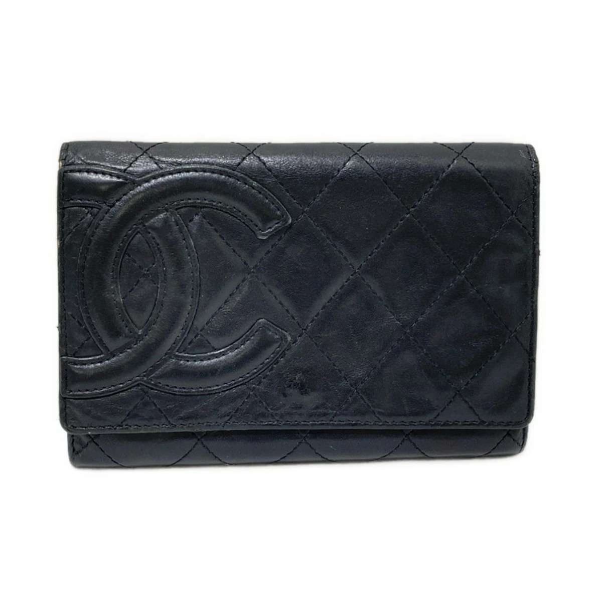 Vintage CHANEL Cambon Line 2 Fold Wallet Black Lambskin SE704662