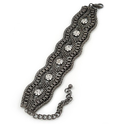 Breite Gun Metal Mesh Kette Struktur Armband mit klaren Kristallen - 17 cm (9 cm
