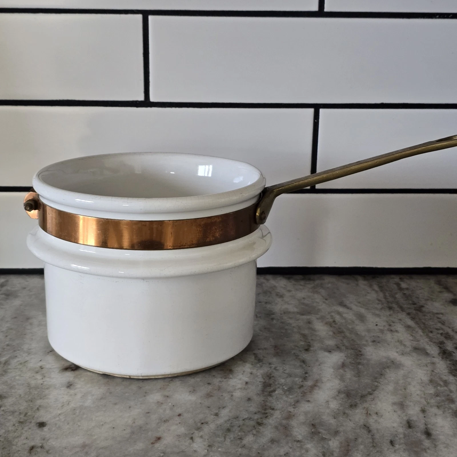 Vintage Ceramic Double Broiler Insert With Copper Accents Metal Handle No Lid