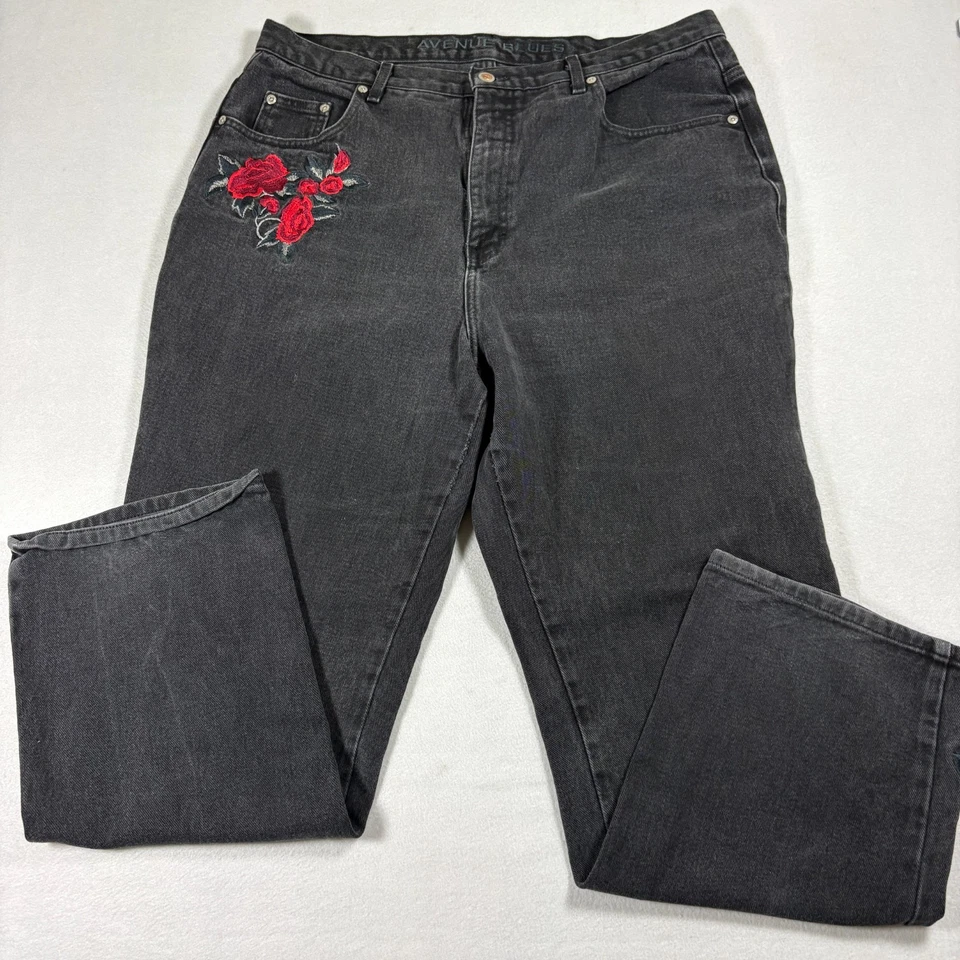 Avenue Womens 24W Black Jeans Floral Embroidery Grunge Baggy Distressed - Image 3 of 4
