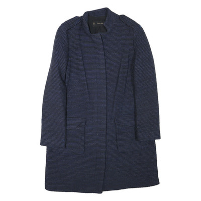 ZARA Damen Jacke blau Baumwollmischung geknöpft M strukturiert uni klassisch langarm
