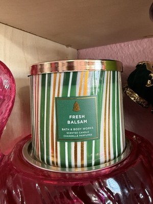 Bath & Body Works FRESH BALSAM CANDLE Scented Large 14.5 Oz NEW Stripes