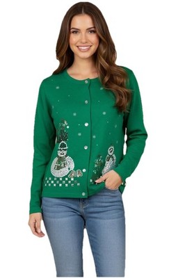 Onque Snowman Cat Button Cardigan Sz S Holiday sequin