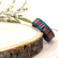 8mm Tungsten Carbide Modern Ring Blue Inlay Natural Wood Accent Unisex Band