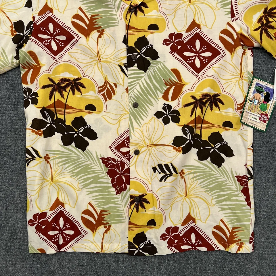 Camisa Hawaiana Hilo Hattie Niños Extra Grande Blanco Botón Floral Rayón Campamento Foto 3 de 4