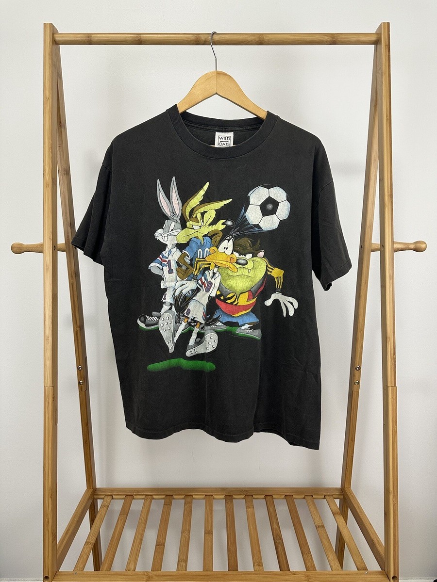 VTG 90s Looney Tunes Soccer FIFA Fulbol Faded Black Wild Oats T