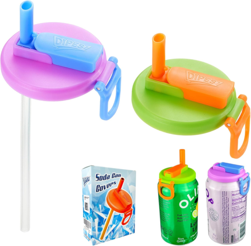 Reusable BPA-Free Soda Can Lids with Straws - Set of 2 (Purple & Green)