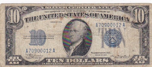 KAPPYSCOINS WC186 1934 $10.00 SILVER CERTIFICATE CIRC
