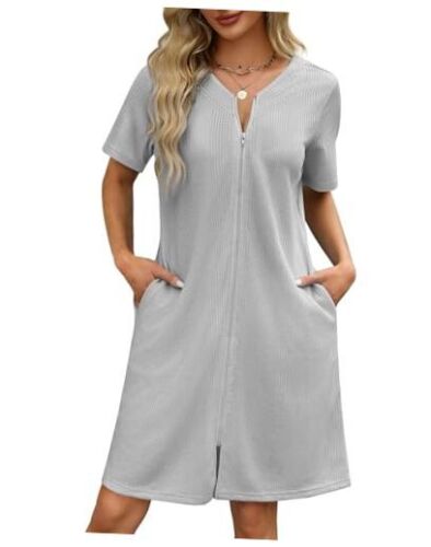 Women Zipper Robes Waffle Short Bathrobe Lightweight House Coat X-Large Grey