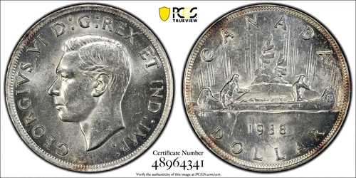 1938 $1 SILVER DOLLAR GEORGE VI CANADA PCGS MS63