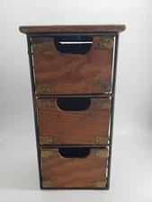 Primitive Style Desktop Wooden 3 Drawer System Metal Scroll Frame