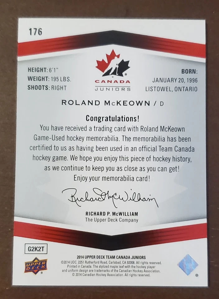 2014 UPPER DECK TEAM CANADA JUNIORS GAME WORN JERSEY ROLAND MCKEOWN - Image 2 of 2