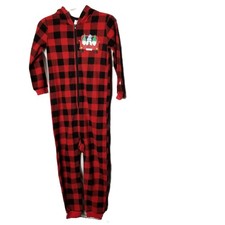 Kids Buffalo Plaid Hooded One Piece Pajamas Small Red Black Fleece Cozy Winter