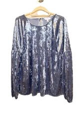 LC Lauren Conrad Women’s XL Blue Velvet Blouse Fairy Whimsey Holiday Festive EUC