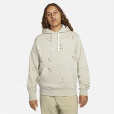 Nike Sportswear Club Fleece All Over Print Pullover Bone Spellout Hoodie Mens S