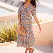 Seraphine Maternity Noemi Pleat Detail A-Line Blue Floral Midi Dress US Size 14