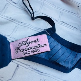 vtg AGENT PROVOCATEUR Blue PINSTRIPE Cardini PinUp Nikita Bra Set Gangster 34C L