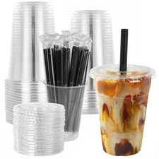 16oz Disposable Clear Plastic Cups with Lids and Smoothies Straws Party Drink...