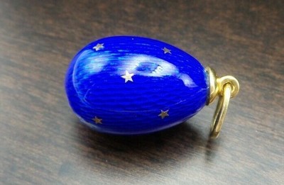 Soviet Era Russian 960 Silver & 18K Gold Blue Guilloche Enamel Egg Pendant