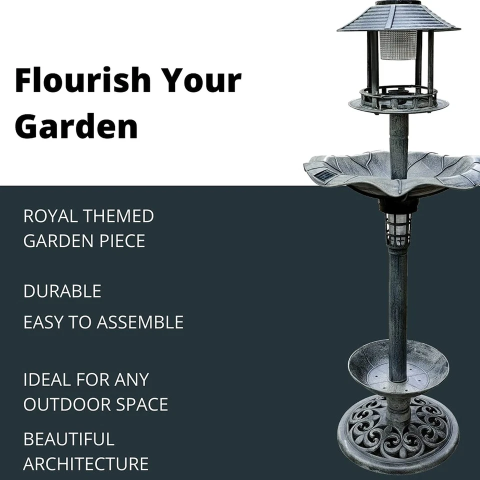 BTEXPERT Outdoor Solar Garden 43" Bird Bath Vintage Stone Gray Lighted Pedest... - Image 2 of 4