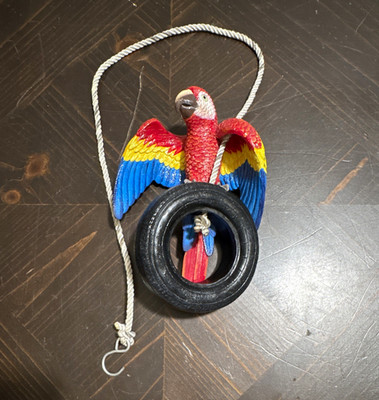 Hanging Scarlet Macaw Parrot Resin Statue on Tire Swing Garden Patio Tiki Decor